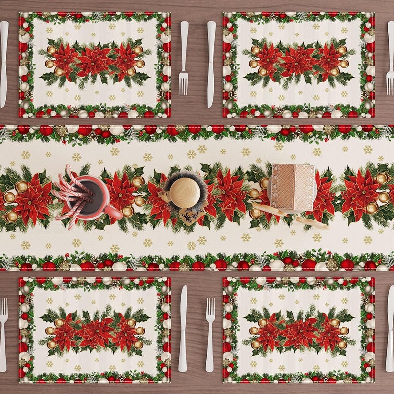 XCHI Christmas Poinsettias Leaves Bells Snowflakes Winter Xmas Placemats Set of 4 Table Mats for Party Home Kitchen Dining Table Decorations 12x18 Inch - Image 2